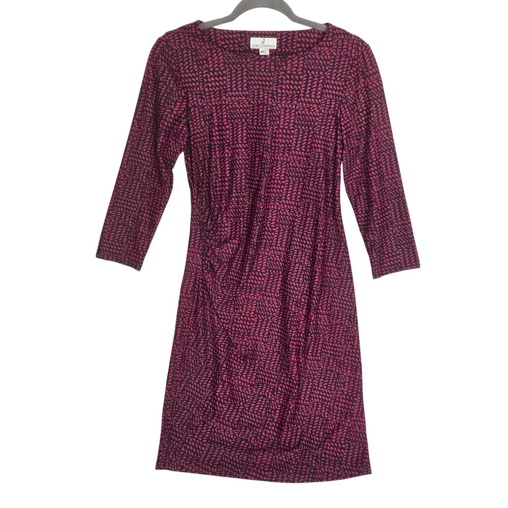Jude Connally Red & Black Print Stretch Dress XS Golf Ruched Side Office Casual